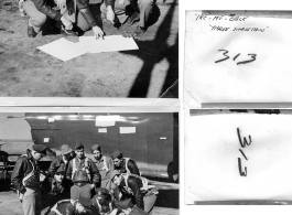 "Ike" - Me - Erick --- "Three Shavetails"  Crew posing with a B-24J and map. Given that Mazer is a just commissioned "shavetail" 2nd Lt, this image is early in his career, likely while in navigator training stateside (or just possibly enroute to the CBI). During WWII. Notice that the photographer or a censor has whited-out the plane serial number and other info.  (Thanks to Tony Strotman for additional information.)