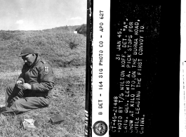 Detachment "A". Brig. Gen. Lewis A. Pick stops for chow at Kilo 170 on the Burma Road, while leading the first convoy to China.  January 31, 1945.  Photo by T/5 Milton Koff. 164th Signal Photographic Company, APO 627.  Passed by Goldberg.