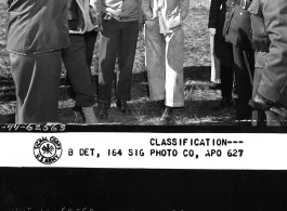 Major General A. C Wedemeyer, O.G. of the China Theater is greeted at the Baoshan airport by Gen. Wei Li-huang, C. in C. of the C.E.F. in this tour of inspection of the Western Front Headquarters.  December 18, 1944.  Photo by Pvt. Seymour Israel. 164th Signal Photographic Company.