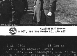 Major General A. C Wedemeyer, O.G. of the China Theater is greeted at the Baoshan airport by Gen. Wei Li-huang, C. in C. of the C.E.F. in this tour of inspection of the Western Front Headquarters.  December 18, 1944.  Photo by Pvt. Seymour Israel. 164th Signal Photographic Company.  Passed by William E. Whitten.