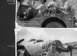 Radar men at Chenggong air base, Yunnan, China. During WWII.  Tom Cook, Jack Leonard, and Bill Lesak.   B-24 "Massa's Dragon" in revetment at Chenggong.