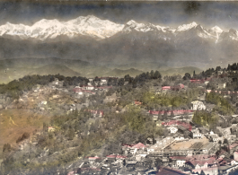 Darjeeling and mountains behind, including the Kangchenjunga . Hand-tinted images.