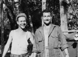 Leo Spearence and Benny Ezzi at chow time. Likely in Burma. 2005th Ordnance Maintenance Company,  28th Air Depot Group.