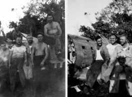 The boys hanging out on remains of fighter plane.  Likely in Burma. 2005th Ordnance Maintenance Company,  28th Air Depot Group.