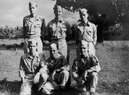 B-25 crew poses in field.   Dave Hayward, Wayne Craven, Frank McKenna, Les Norris, Dale Miller, Elwood Slayton.  22nd Bombardment Squadron, in the CBI.