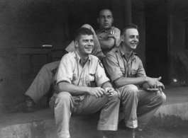 Flyers at barracks, in India or Burma. During WWII.  Tom Dunham, Bucky Fiske, Sully Sullivan, Charley Myrick, and Wayne Craven.  22nd Bombardment Squadron, in the CBI.