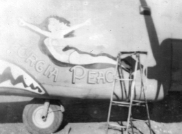 Charles Klaes with B-24 "GEORGIA PEACH," in the CBI during WWII.  "B-24s in my squadron."