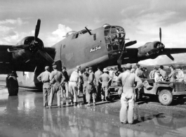 The B-24 bomber "Mud Fish" hard on its tail in China during WWII.  This B-24D, serial #41-24308, was assigned to 425th Bomb Squadron, 308th Bomb Group, at Kunming on 8 Jul 1943. The plane's nose gear was knocked loose hitting a concrete runway roller during takeoff. Then, knocked clear off plane near its bombing target at Haiphong, French Indochina (Vietnam). Returning to base following the mission, Lt. Arthur Karp made a successful mains only landing, but the plane had been damaged beyond repair capability