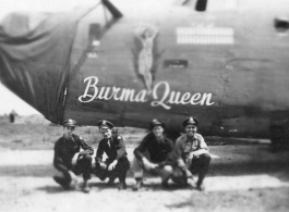 American flyers with the B-24 "Burma Queen," serial #42-73253, of the 425th Squadron, almost certainly in China. During WWII.  Unknown exactly who they are, but they may be pilot Glenn Lowe, copilot Joel Grayson, and others who usually flew that plane.  (Thanks to S. Skurnowicz for image and info!)