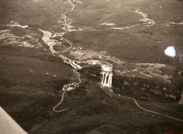 Huangguoshu waterfall from the air during WWII, taken over the wing of an America fighter plane in by pilot Charles A. Breingan.