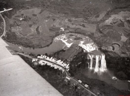 Huangguoshu waterfall from the air during WWII, taken over the wing of an America fighter plane in by pilot Charles A. Breingan.