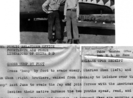 Brothers Charles Chan and John Chan who walked from Mandalay to Liuzhou over the Hump to help in the war effort, and evade the Japanese invaders. Speaking Burmese, CHinese, and English, they worked in the "Wombat Squadron," a unit of the "Liberators in China." They stand in front of B-24 "Shootin' Star"