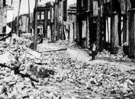 Rubble and skeleton buildings--all that was left of most of Liuchow [Liuzhou] after heavy aerial bombing and artillery shelling during Japanese occupation."