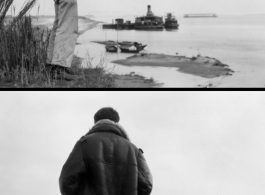 An American in the CBI takes photo over a body of water, most likely in Burma or India. During WWII.