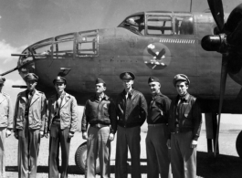 Gen. Claire Chennault, Commander of 14th Air Force made a "surprise" visit to Yangkai in February 1944 to brief the flight leaders on a new bombing technique. Here he stands with officers of the 341st Bombardment Group (BmGrp), 11th, 22nd and 491st Bomb Squadrons.  From left; Col. Caleb Haynes(?), Maj Edison Weatherly (22nd C.O.), Maj. James Callaway (491st CO), B.Gen Claire Chennault, Lt. Col. Morris Tabor (341st C.O.), Maj McIntire (C.O. Yangkai AB), Maj. Soper (341st HQ staff).  The 22nd Bm Sq early insi