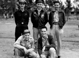 Unidentified personnel of the 491st Bomb Squadron, behind the squadron's hostel, on "Red Dust Hill", Yangkai, China. The 'Ringer Squadron' insigne clearly visible on the man in the center of the rear row . (Info courtesy Tony Strotman)