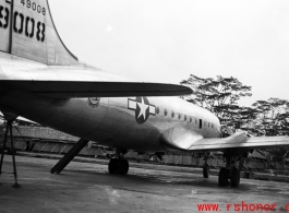 A C-54 transport in the CBI, tail number #49008.  From the collection of David Firman, 61st Air Service Group.