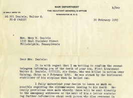 Killed in Action (KIA) letter to the family of Walter G. Daniels.