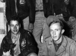 American servicemen in the CBI, posing together (with their dog) in their barracks at an base, possibly Yangkai.  Back (left to right):  John Johnson, Francis E. Strotman, Joseph Siana; Front: Jacob L. Rosencrantz, unknown.