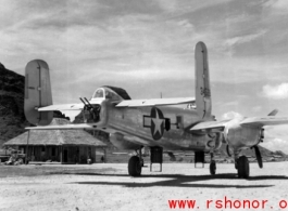 Aircraft 43-4628, an 11th Bomb Squadron B-25H, is parked somewhere on Luichow Airfield.    From the collection of Hal Geer.