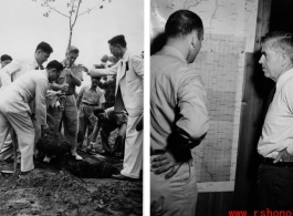 US and Chinese VIPs interact in southwest China during WWII-- Senator Henry Wallace planting a tree on the left, and and looking at a map on the right.  Selig Seidler was a member of the 16th Combat Camera Unit in the CBI during WWII.