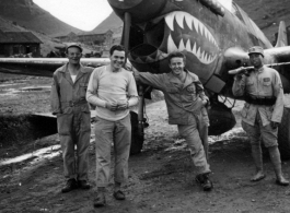 T.T. Hale, S. Seidler, G. Feldman and a Chinese soldier at Guilin (Kweilin) base, in Guangxi province, China, during the Second World War.  Selig Seidler was a member of the 16th Combat Camera Unit in the CBI during WWII.