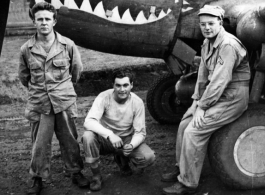 T.T. Hale, S. Seidler, G. Feldman at Guilin (Kwelin) base, in Guangxi province, China, during the Second World War in front of a P-40.  Selig Seidler was a member of the 16th Combat Camera Unit in the CBI during WWII.