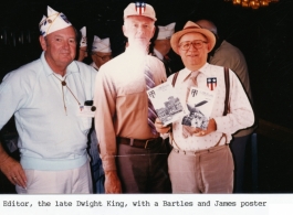 Ex-CBI Roundup editor Dwight King, with a Bartles and James poster "doctored" to tout Ex-CBI Roundup subscriptions at the CBIVA National Reunion in Denver, July 1988.