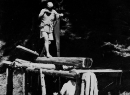 Manual hand-powered saw mill in the CBI during WWII.  Photo by J. F. Thomas.