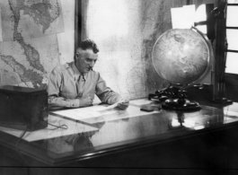 General Joe Stilwell pictured as he filmed the introduction to the film "Why We Are Here." Note boom microphone overhead.