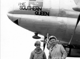 L. Kelly (CASC) and R. Leo Braun ( 21st Photographic Reconnaissance Squadron) in front of C-46 "The Southern Queen" in the CBI during WWII.  Photo from M. J. Hollman.