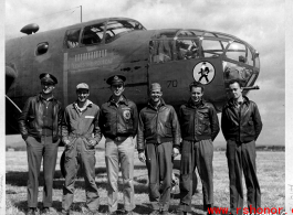 Pilot          Capt Douglas C. Weaver  Copilot            1Lt. John B. Lyman (enlisted from Los Angeles)  Navigator                        2Lt Frederick B. Lee  Bombardier                    S/Sgt Elden E. Shirley (not shown above)  Engineer-Gunner            S/Sgt George Kelly  Radio-Gunner                S/Sgt Hubert F. Blades  PhotoGunner                  S/Sgt Thomas H. Cave (not shown above)         (Sgt. Carl W. Banston, shown on the far left in the image above