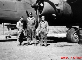 "When this was taken the wind was blowing cold, some time last spring. The boy on the left, Butch, is from Woonsocket, and Nash is from Maine.  Center: Frank Bates, China 1944."  From the collection of Frank Bates.