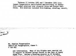 A letter to the family of Lt. James C. Vurgaropulos, who died during a mission in 1944 in China, regarding his awards and commendations.