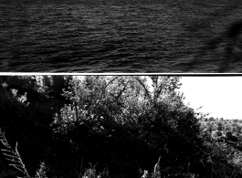 In the top image a small inflatable raft can be seen in the distance, and in the lower image, men wait on the shore of the lake.