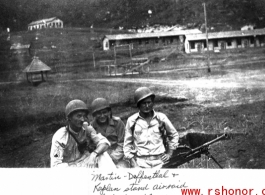 "Martin, Deffenthal, and Kaplan stand air raid alert at rest camp."  This is an unknown camp location, and should not be Camp Schiel rest station in Yunnan, China.