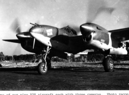 A P-38J nicknamed "Daddy Bear" in the CBI, fitted with three cameras for photo recon. Out of Akyab Burma, on dry rice-paddy air strip. Photo by R. T. Keagle, 40th Photo Recon Sqdn.