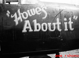 Nose art of the P-61 "Howe's About It" in the CBI during WWII. The craft also has nose art of a woman reclining with the name "Cynthia Kay." 