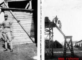 Workers fill water tank at am American base in Yunnan, China, during WWII.  And "Wong, Chinese soldier" at the base of water tower.