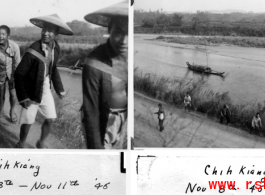 Life at Zhijiang, late 1945, with a boat on the river being pulled by human strength.