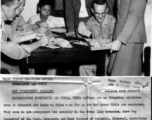 "Red Cross Girls" in China during WWII. Peg Pagenkopf and Mimi Buecher distribute bingo prizes to to S/Sgt. H. D. Frye, S/Sgt. Jos H. Cortner, Tsong Tsen Kwo, and Orville D. Benson.