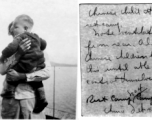 Child standing at Camp Schiel, China, February 1945, with lake behind.