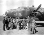 Maj. Joseph Callaway, 491st Bombardment Squadron C.O., Capt. Robert Ebey (pilot - Old 59) and 1Lt Paul Sjoberg (copilot) observe as well-wishers offer a safe journey to other crew members of "Old 59" (in flight suits), prior to departing Yangkai for the USA in March 1944.