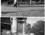 People hang out near tower and stone inscription in Kunming city, Yunnan province, China, during WWII.