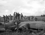 GIs inspect crashed B-24 in a grainfield in China during WWII, between 1943-1945. 