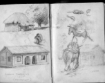 The wartime notebook of S/Sgt. Tom L. Grady. In his notebook, as a talented and curious young artist while in the CBI, he recorded scenes and vignettes that he saw in his life. He also recorded names and contact info for the people he met.  "Two-room barracks, Karachi, India."