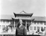 Col. James O. Wade of New York poses at what should be the Southwestern Association University Of Kunming, Yunnan Province, on December 16, 1944.  Photo by Pfc. Thomas F. Melvin.  Passed by censor Emanuel Goldberg.