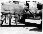 Major Gen. Charles B. Stone arrives on the B-25 "Charlie's Aunt" during a visit to Yangkai on the August 29, 1945.  Yangkai, APO 212, during WWII.