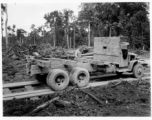 797th Engineer Forestry Company in Burma, truck backs up for loading logs for transport to sawmill for bridge building along the Burma Road.  During WWII.