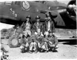 An air crew of the 491st Bomb Squadron posing with B-25J, "Niagra's Belle" combat id #439, at their home base, Yangkai, China, in 1945.  Back row (l-r); Lt. Emory L. Wofford (copilot), Lt. Fred J. Latham (pilot), Lt. Clifford L. Barr (nav-bombardier).  Front (l-r); Center is S/Sgt Manfredo L. Pascarelli (flight engineer). On his right is likely S/Sgt Ray V. Yeager (gunner), and his left is likely Cpl Rosendo B. Rosas, Jr. (radio).